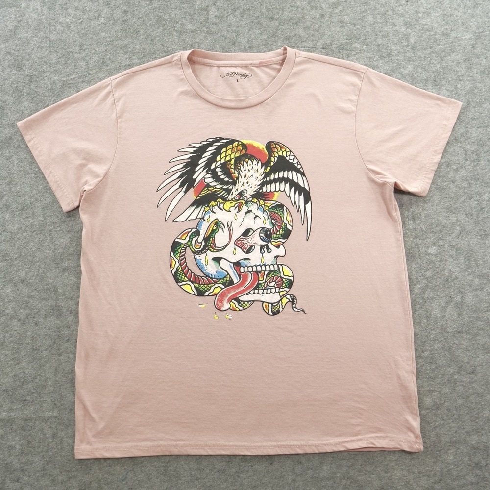 Ed Hardy Shirt Mens Large Pink Graphic Print Battle Scull Tee Crew Short Sleeve